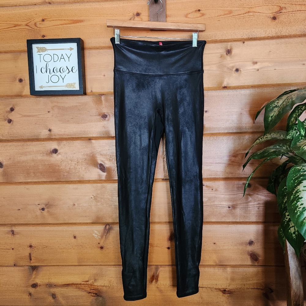 Spanx Faux Leather Legging Black Stretch Ankle Pants Moto Shapewear Size M X 28"